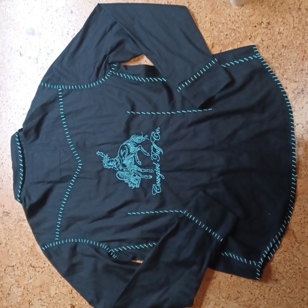 Cowgirl Tuff Co. Women's Black  Western Shirt W/Blue Stitching & Embroidery L